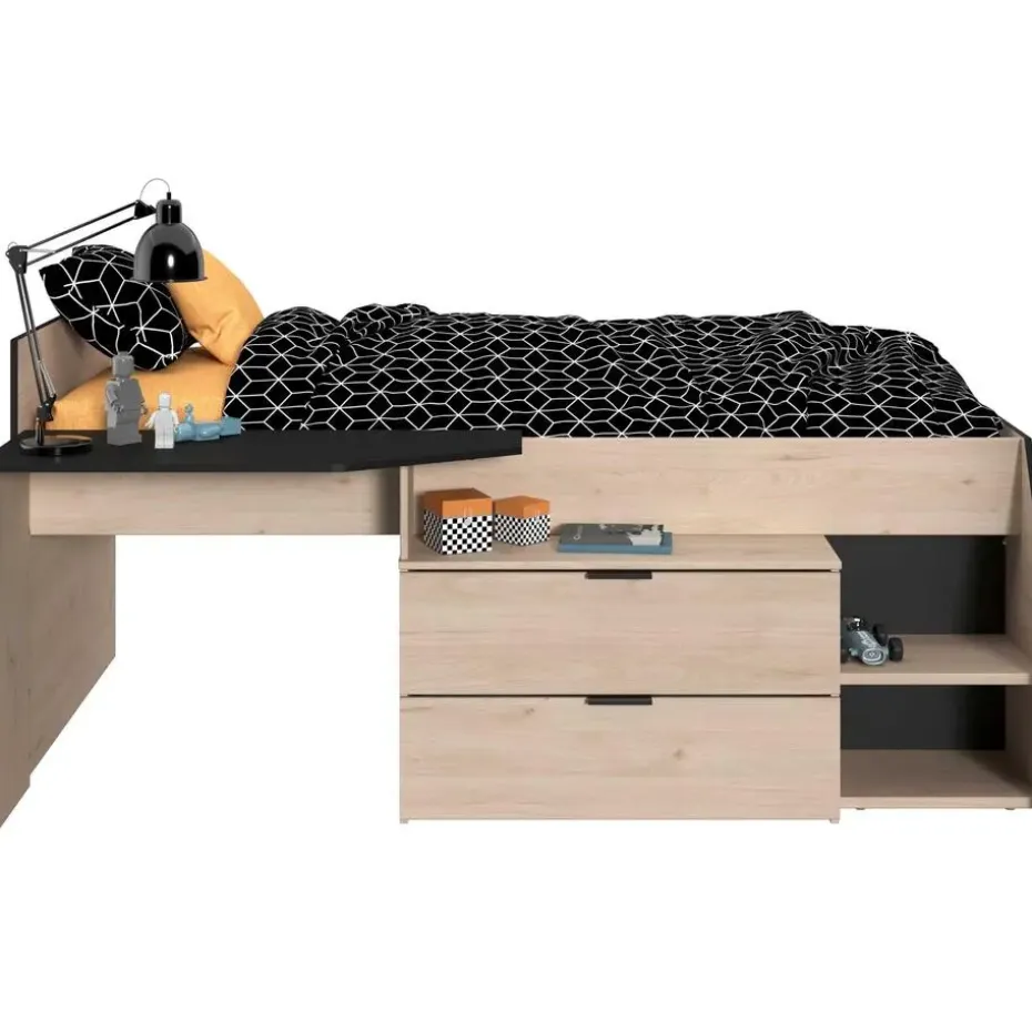 Kajuitbed Milky met bureau en lades - zwart/eik