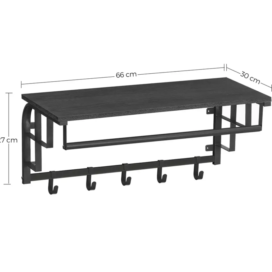 Kapstok met Plank - Hangende Wandkapstok - 66cm - Zwart