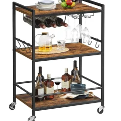 Keukentrolley op Wieltjes - Serveerwagen - Bijzettafel - 3 planken - Bruin