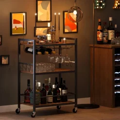 Keukentrolley op Wieltjes - Serveerwagen - Bijzettafel - 3 planken - Bruin