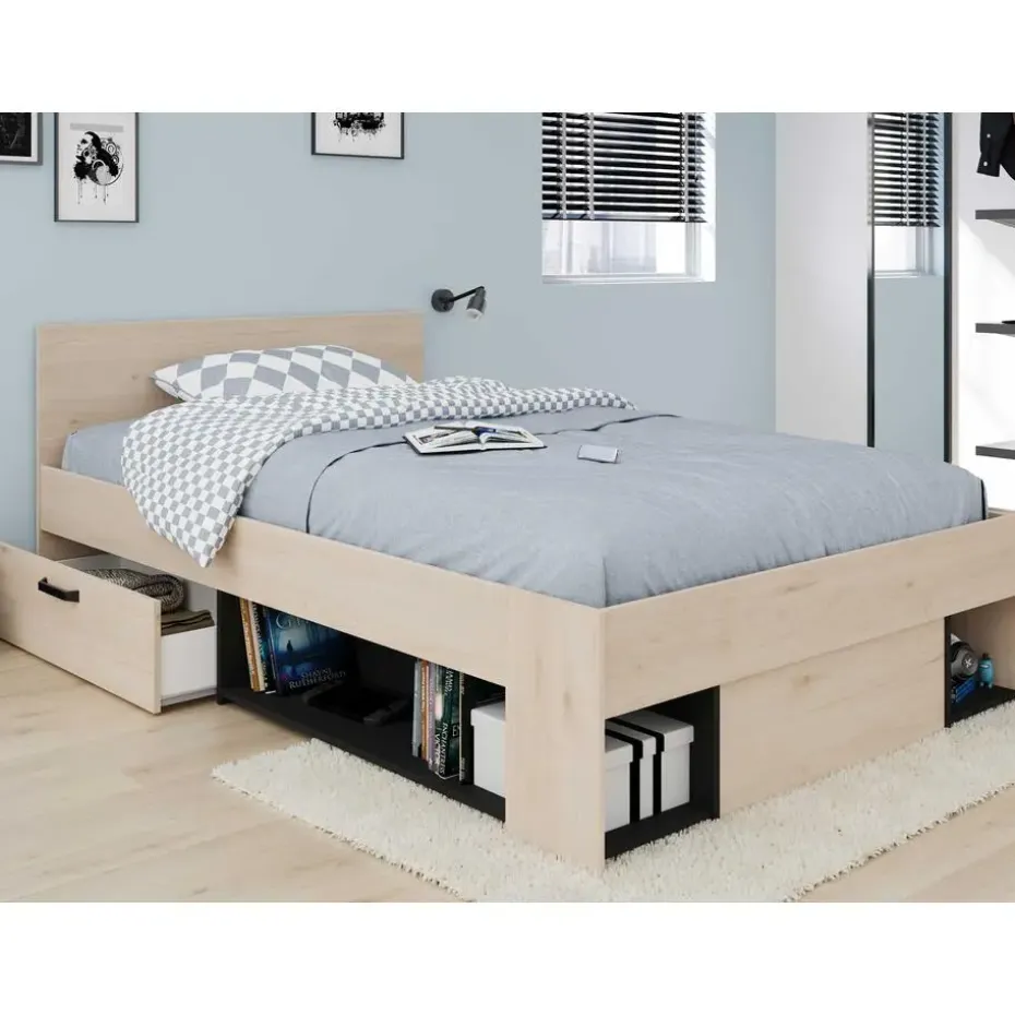 Kinderbed Achiel - 120x200/190cm - met opbergruimte - eikdecor/zwart