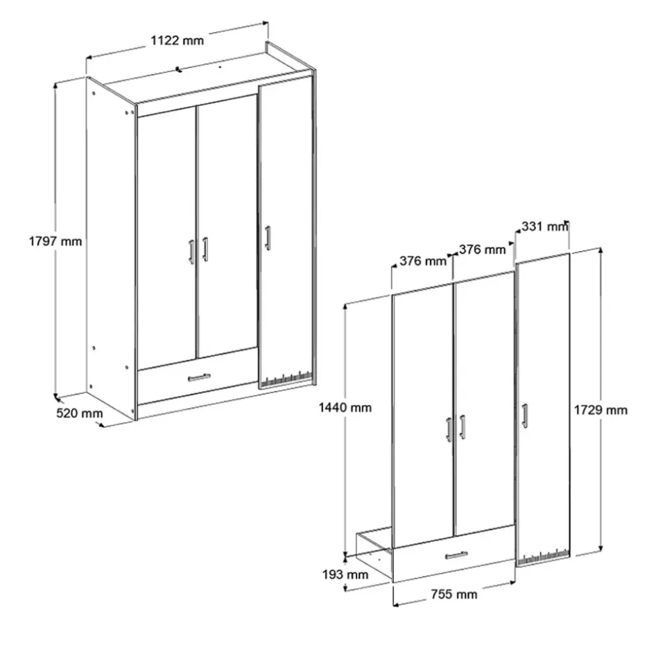 Kledingkast Charly 3-deurs - acaciakleur - 180x112x52 cm