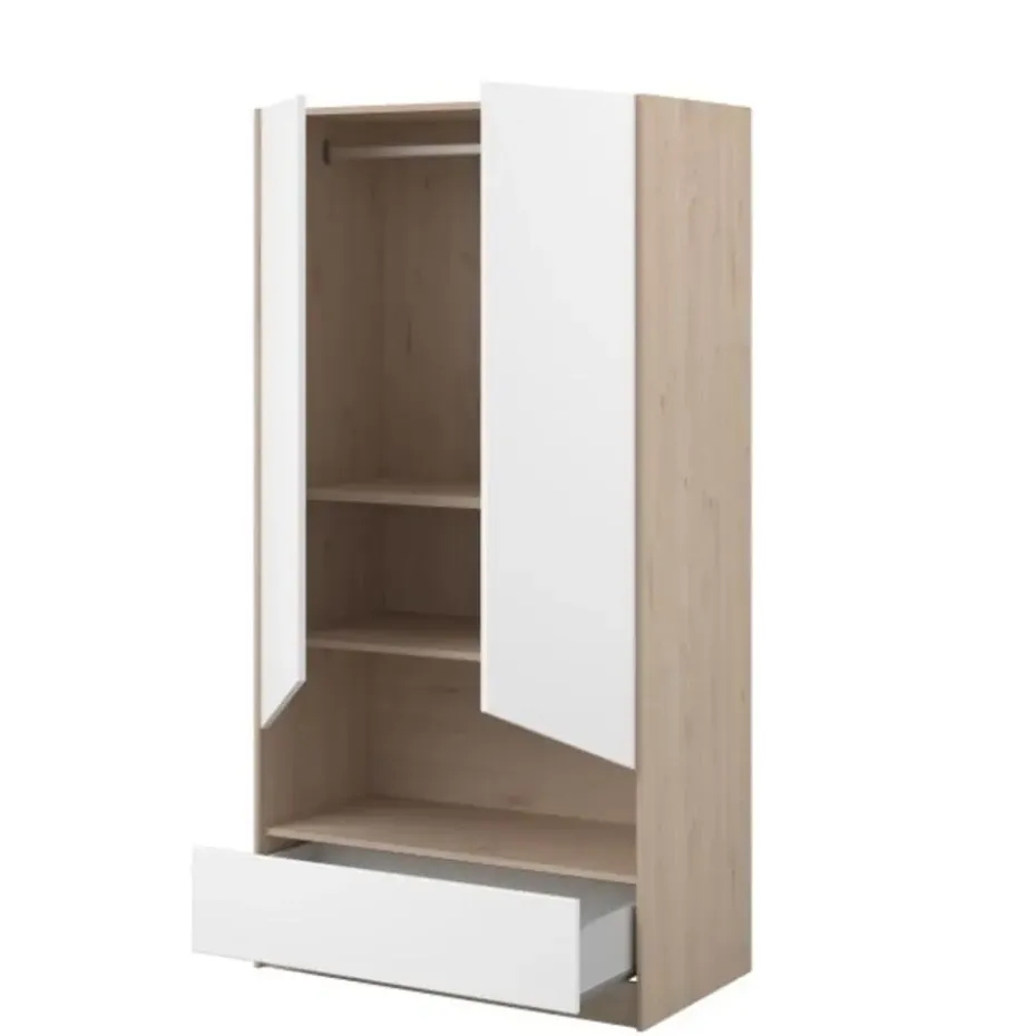 Kledingkast Shelby met 2 deuren en 1 lade - eik/wit