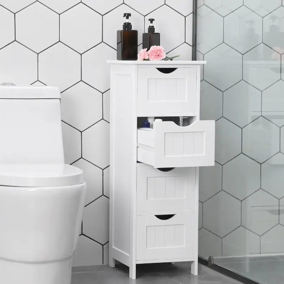 Ladekast - badkamer - 4 vakken - 30x82x30 cm - wit