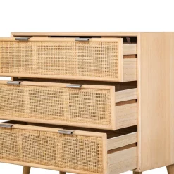Ladekast met 3 laden van hout en natuurlijk rotan