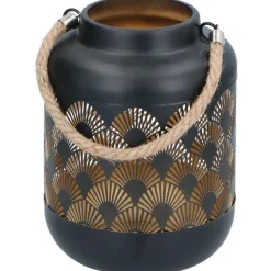 Lantaarn - waaier print - zwart - metaal - windlicht - 17 cm