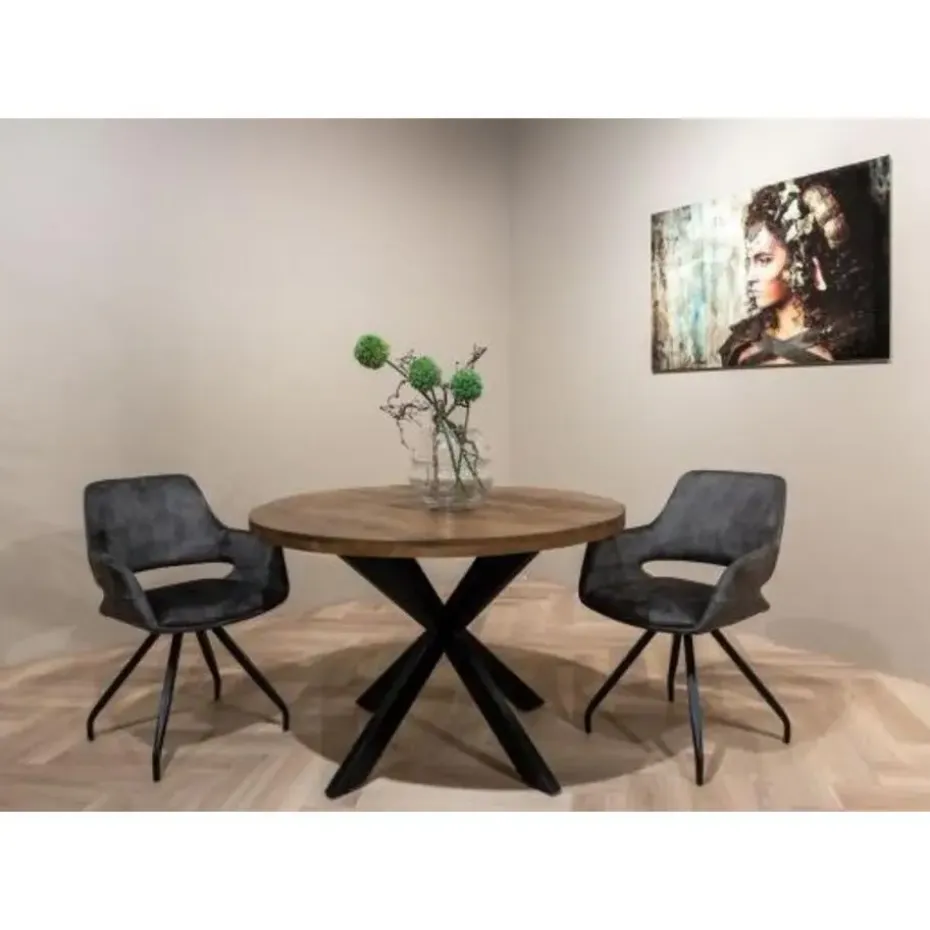 Livingfurn - Eetkamertafel Rocky Round Spider 150cm - Mangohout / Gecoat Staal