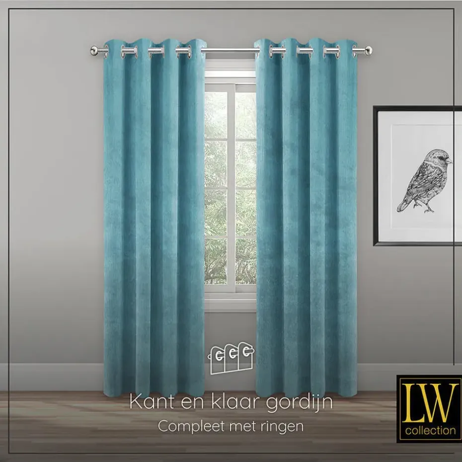 LW Collection Gordijnen Turquoise 245x290cm Velvet Kant en klaar 1 stuk