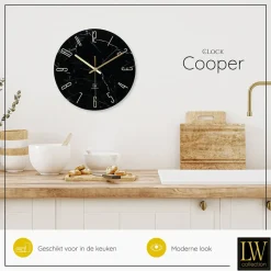 LW Collection Keukenklok Cooper zwart marmer 30cm