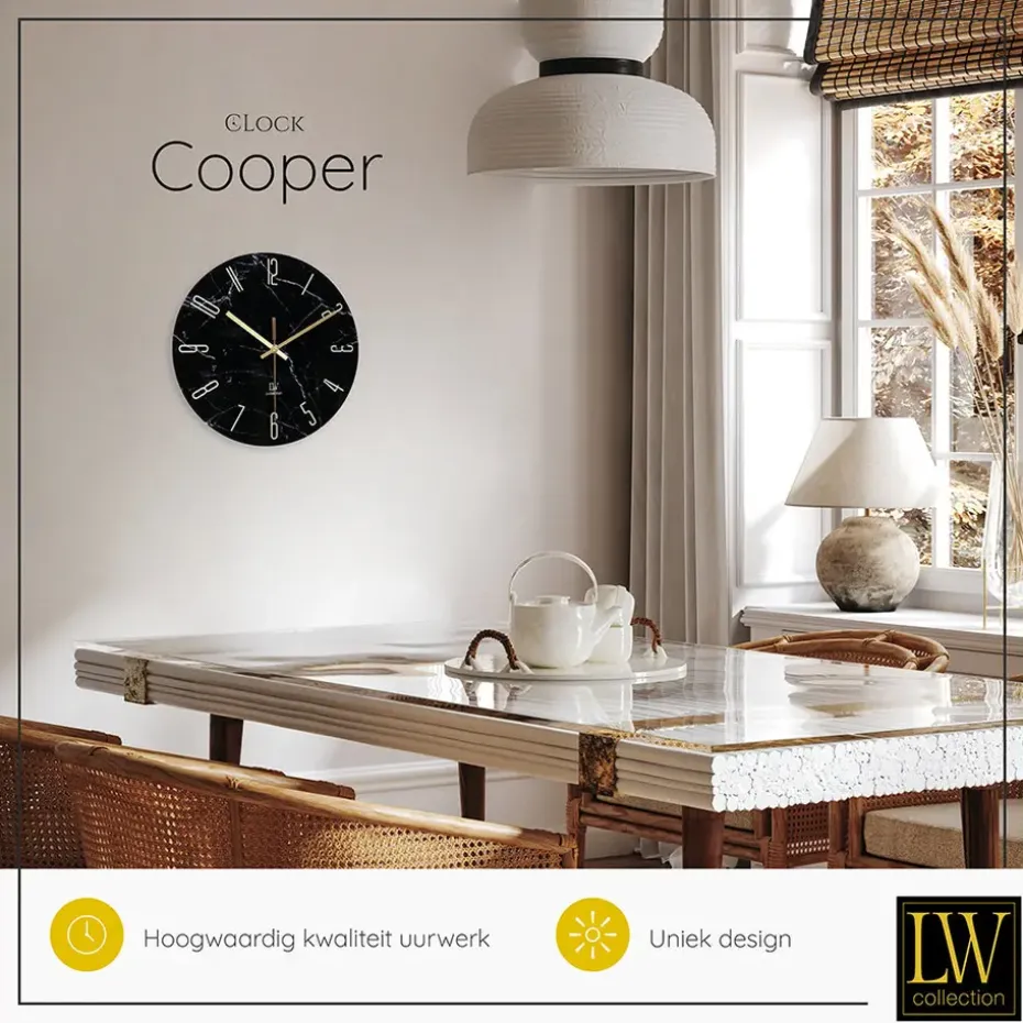 LW Collection Keukenklok Cooper zwart marmer 30cm