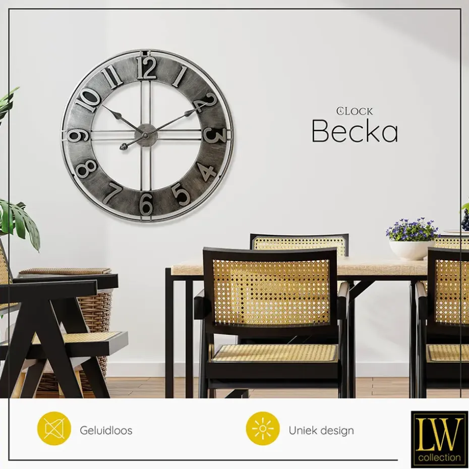 LW Collection Wandklok Becka grijs zilver 80cm