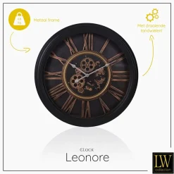 LW Collection Wandklok radar Leonore Zwart 52cm bewegende tandwielen