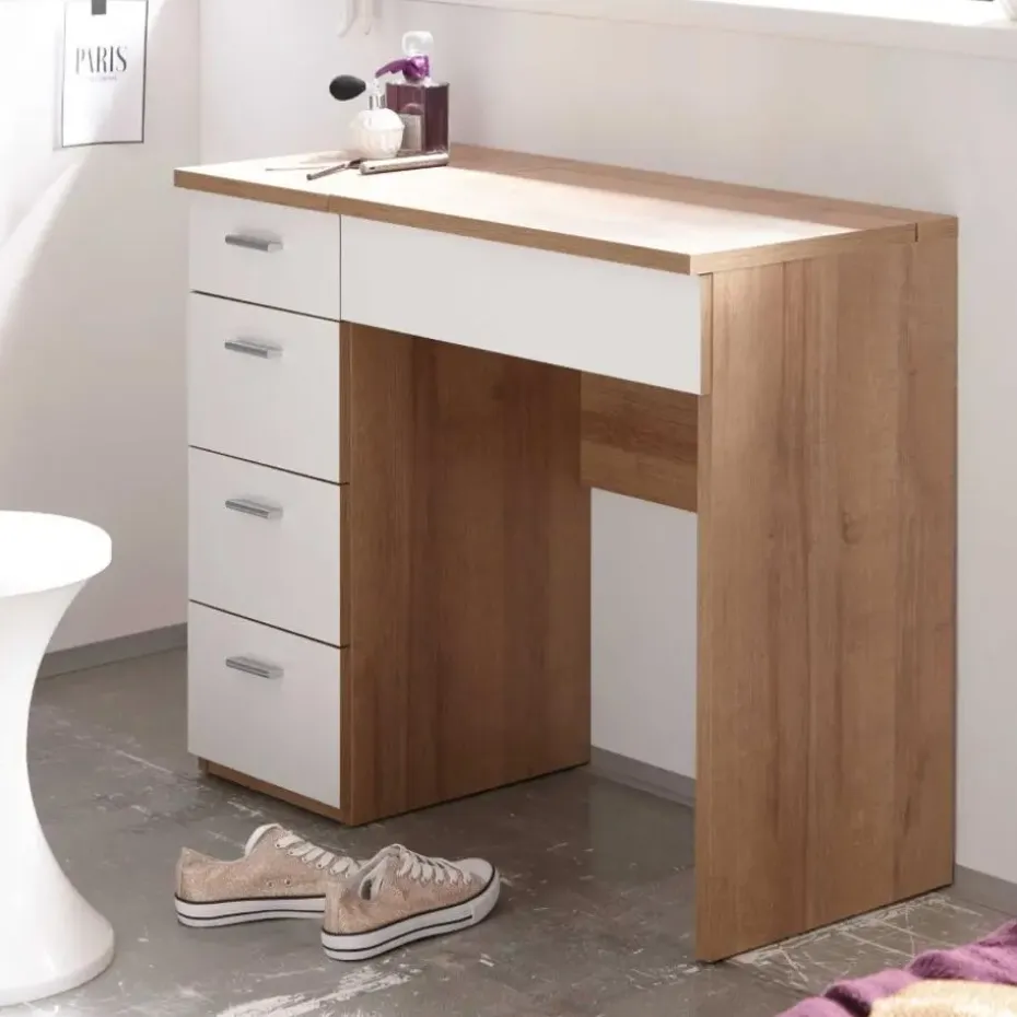 Make-uptafel Loïs 90cm 1 deur & 4 lades - lichte eikdecor/wit