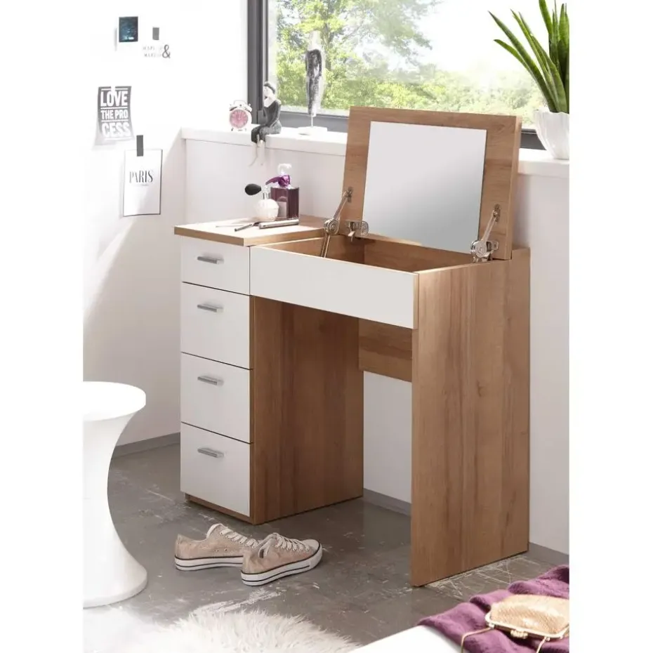 Make-uptafel Loïs 90cm 1 deur & 4 lades - lichte eikdecor/wit