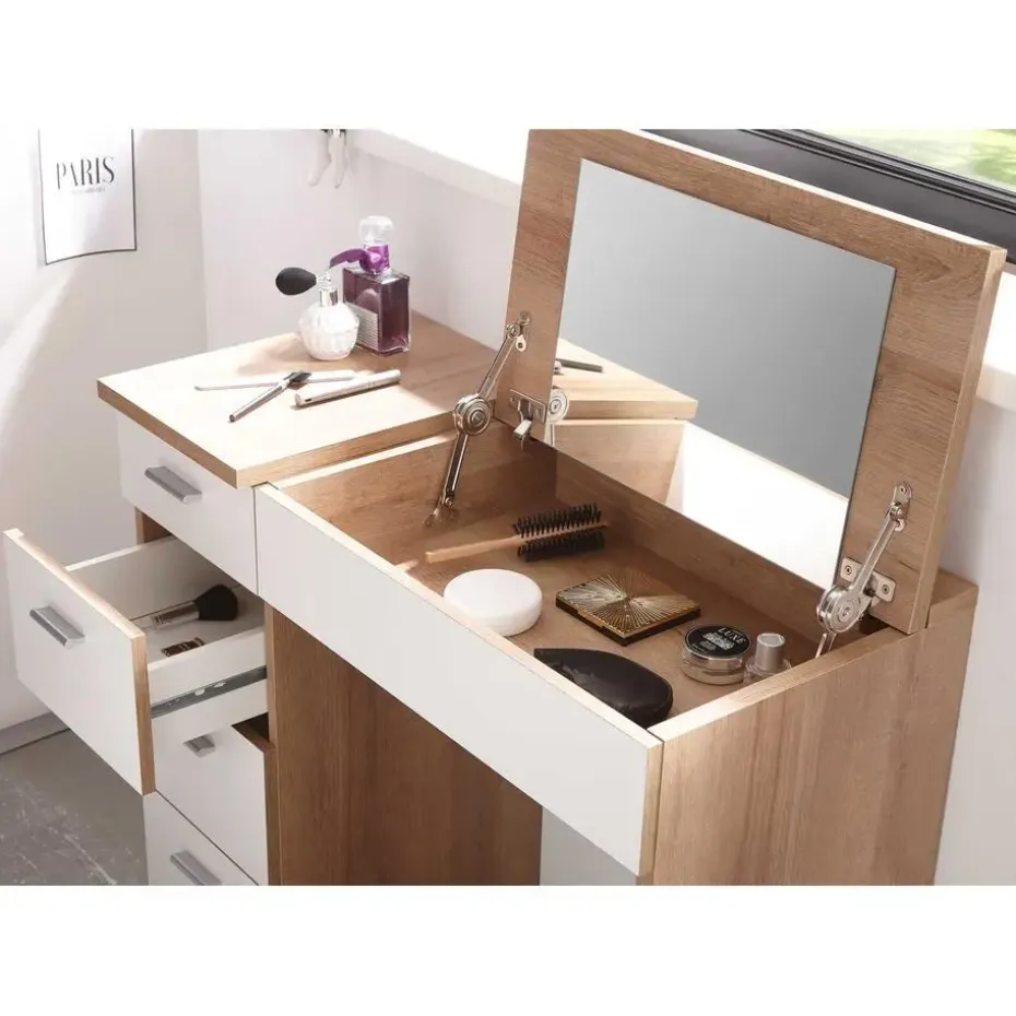 Make-uptafel Loïs 90cm 1 deur & 4 lades - lichte eikdecor/wit
