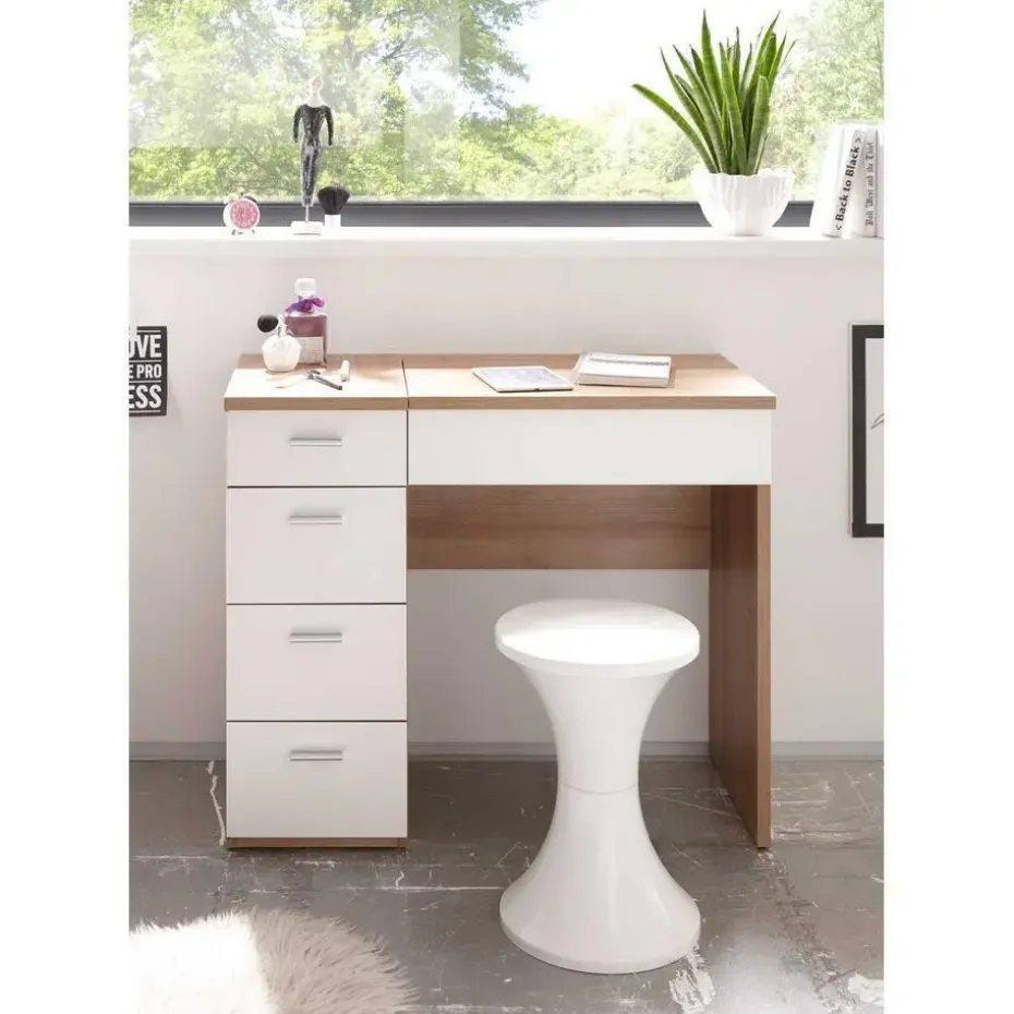 Make-uptafel Loïs 90cm 1 deur & 4 lades - lichte eikdecor/wit