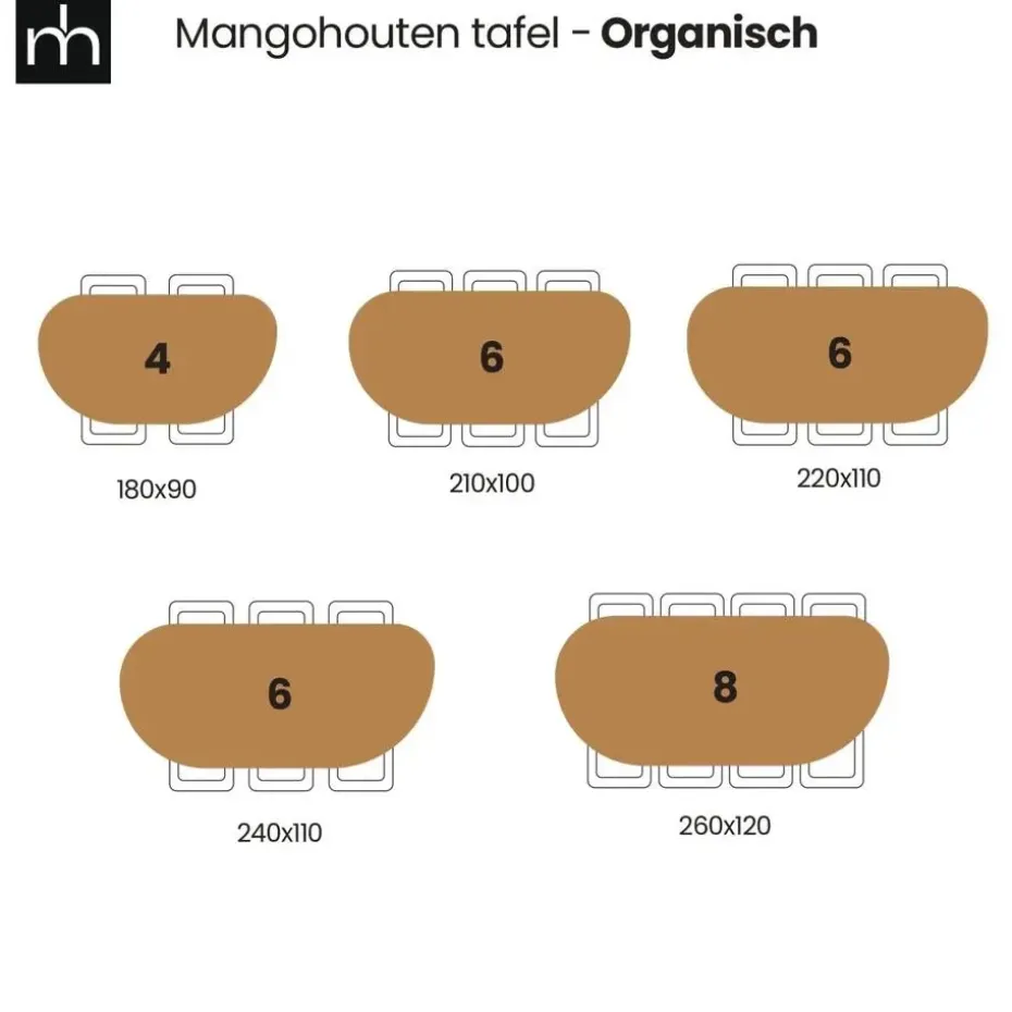 Mangohoutonline - Eettafel Organisch Alessia 260x120cm - Bruin - Mahom