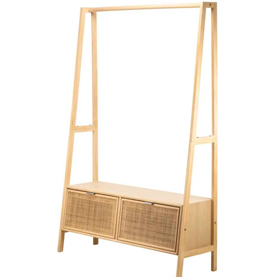 Massief houten kledingrek met rieten zitting