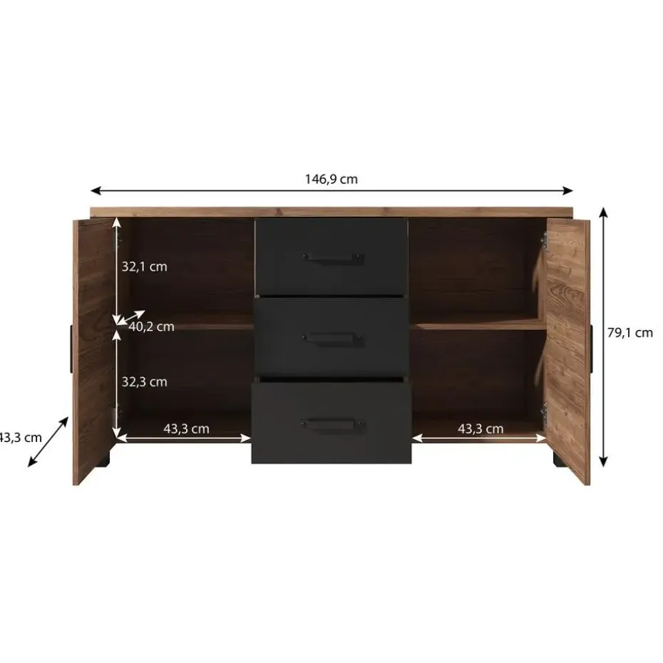 Meubella - Dressoir Olivia - Zwart - Eiken - 147 cm