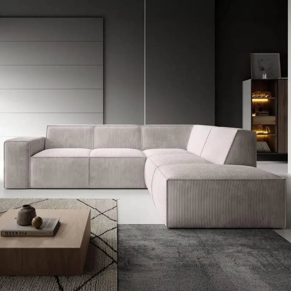 Meubella - Hoekbank Monet - Beige - Ribstof - Rechts