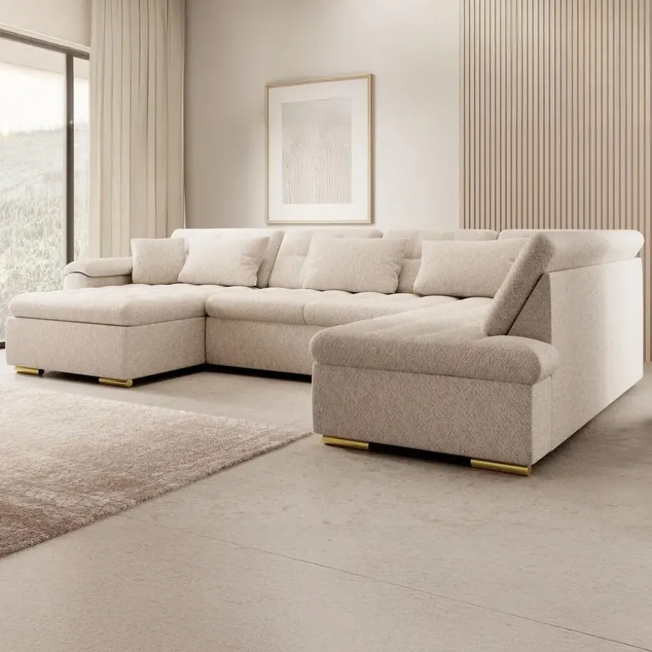 Meubella - Hoekbank Nicoreta - Beige - Teddy Boucle - Links