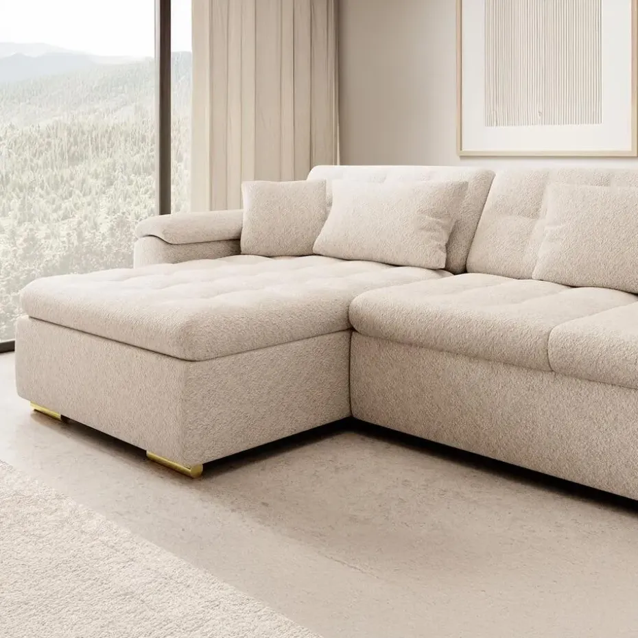 Meubella - Hoekbank Nicoreta - Beige - Teddy Boucle - Links