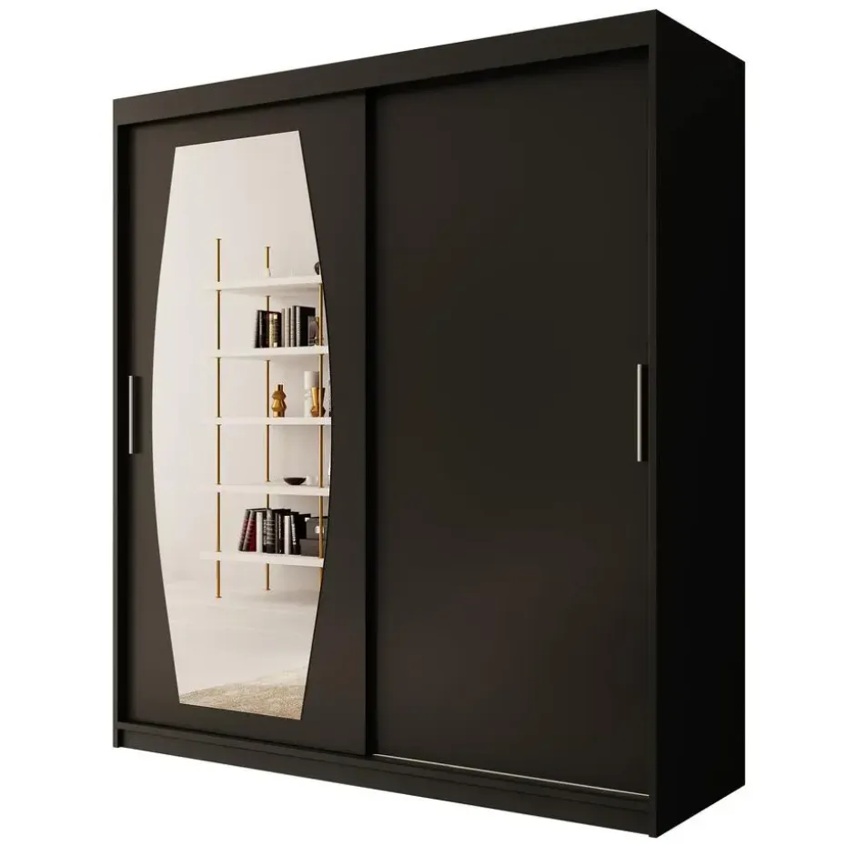 Meubella - Kledingkast Azai - Zwart - 180 cm - Met spiegel