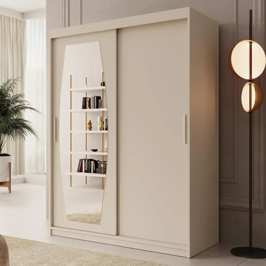 Meubella - Kledingkast Azai - Beige - 150 cm - Met spiegel