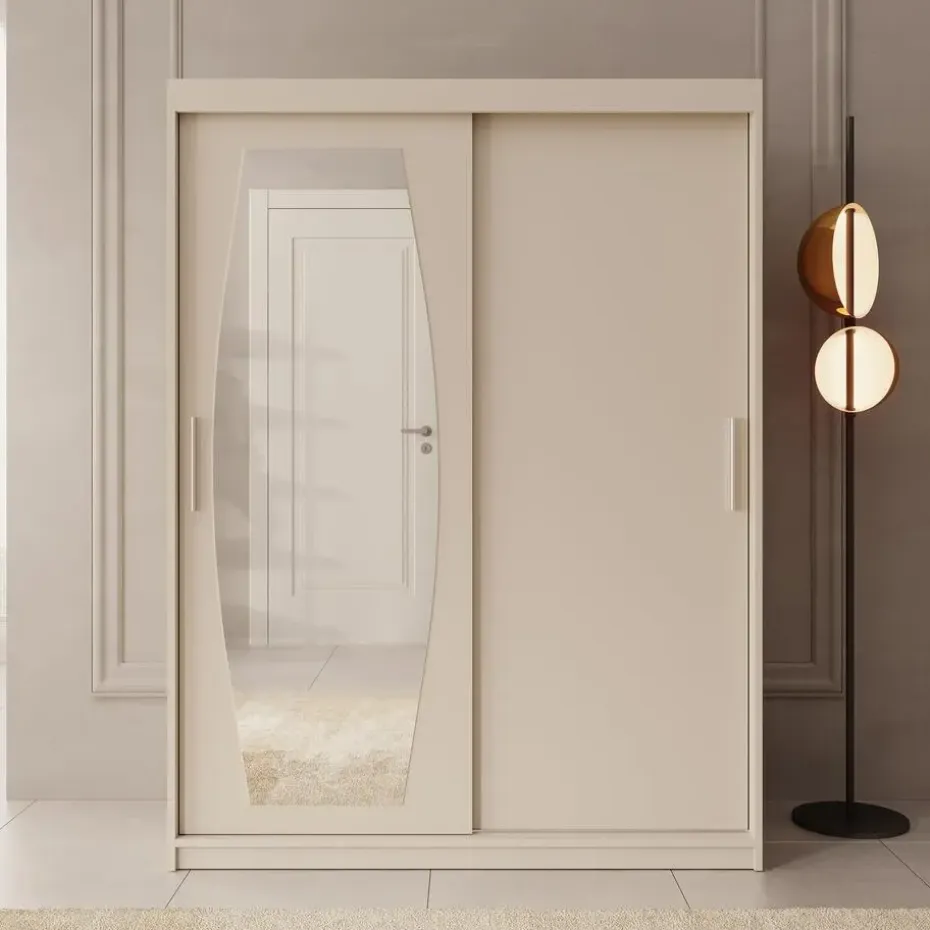 Meubella - Kledingkast Azai - Beige - 150 cm - Met spiegel