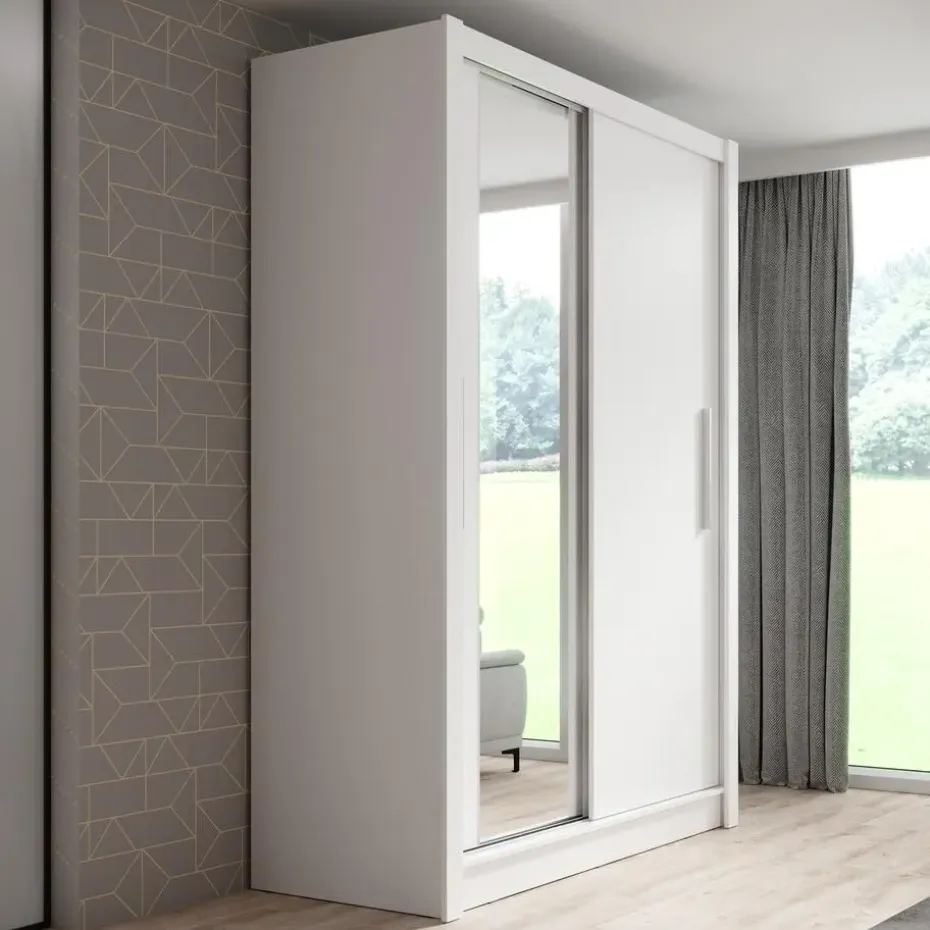 Meubella - Kledingkast Bazarre - Wit - 155 cm - Met spiegel