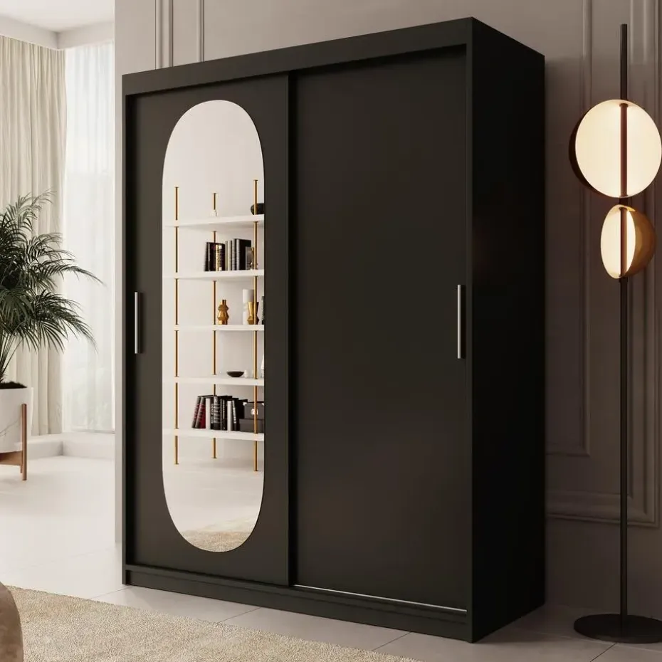 Meubella - Kledingkast Bodhi - Zwart - 150 cm - Met spiegel