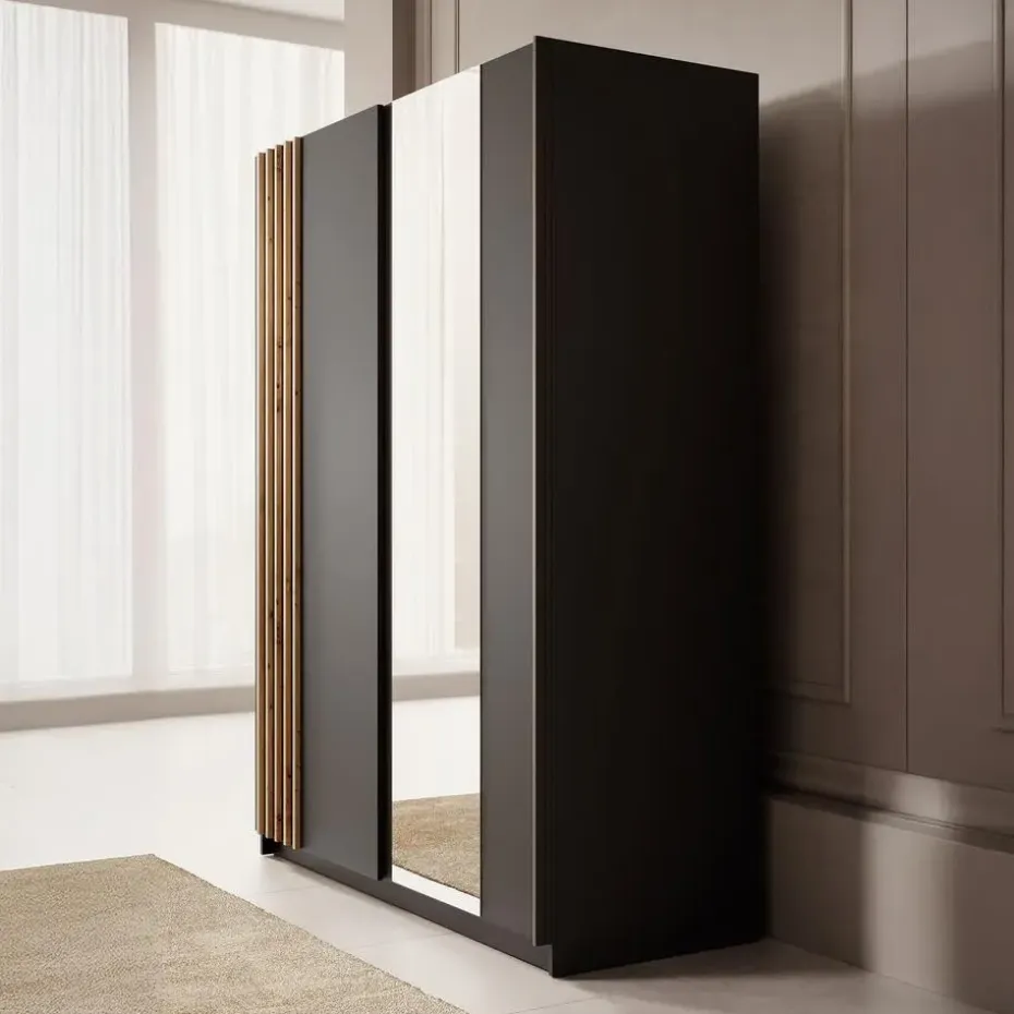 Meubella - Kledingkast Boets - Zwart - Eiken - 150 cm - Met spiegel