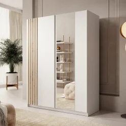 Meubella - Kledingkast Boets - Wit - Eiken - 150 cm - Met spiegel