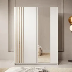 Meubella - Kledingkast Boets - Wit - Eiken - 150 cm - Met spiegel