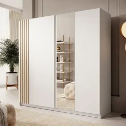 Meubella - Kledingkast Boets - Wit - Eiken - 200 cm - Met spiegel