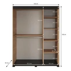 Meubella - Kledingkast Fabio - Eiken - 150 cm - Met spiegel
