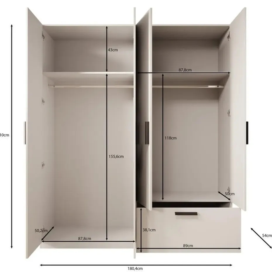 Meubella - Kledingkast Lillian - Wit - 180 cm - Met spiegel