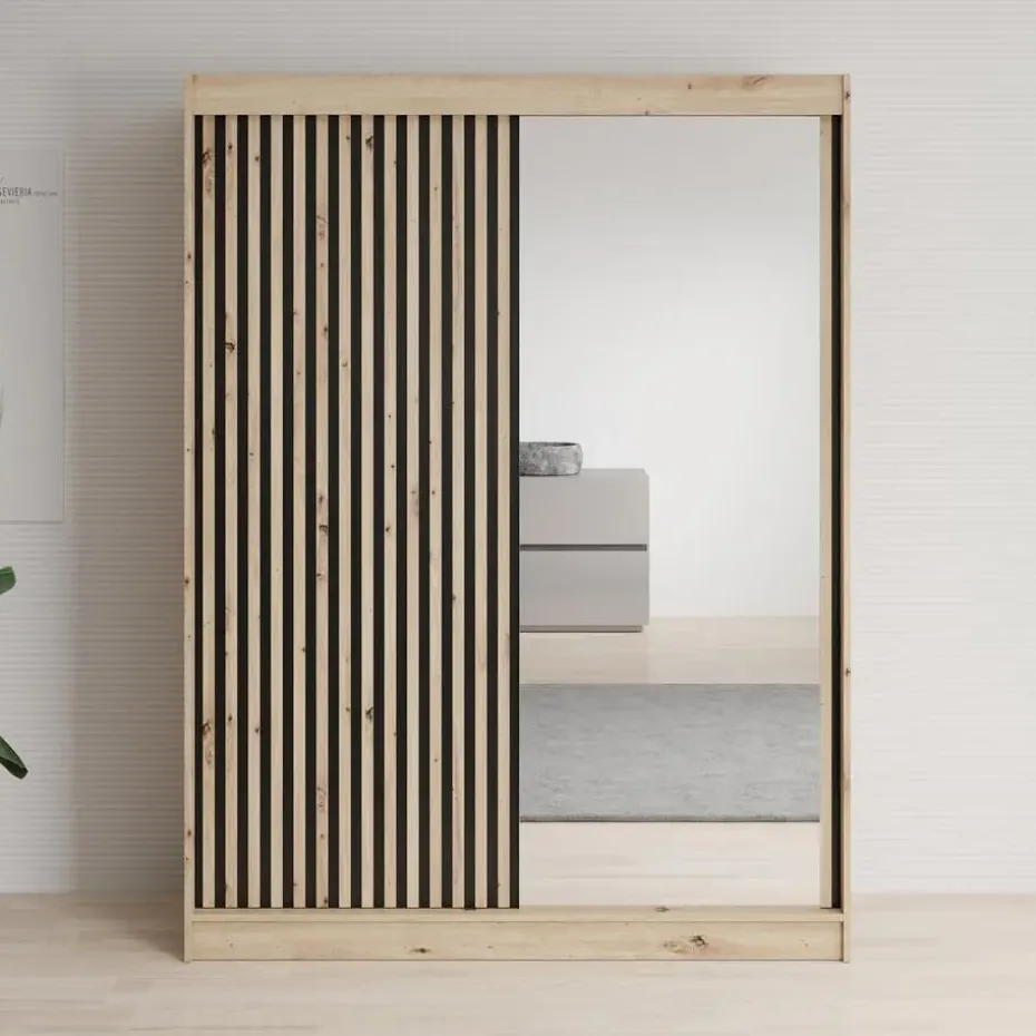Meubella - Kledingkast Lisbon 2 - Eiken - 150 cm - Met spiegel