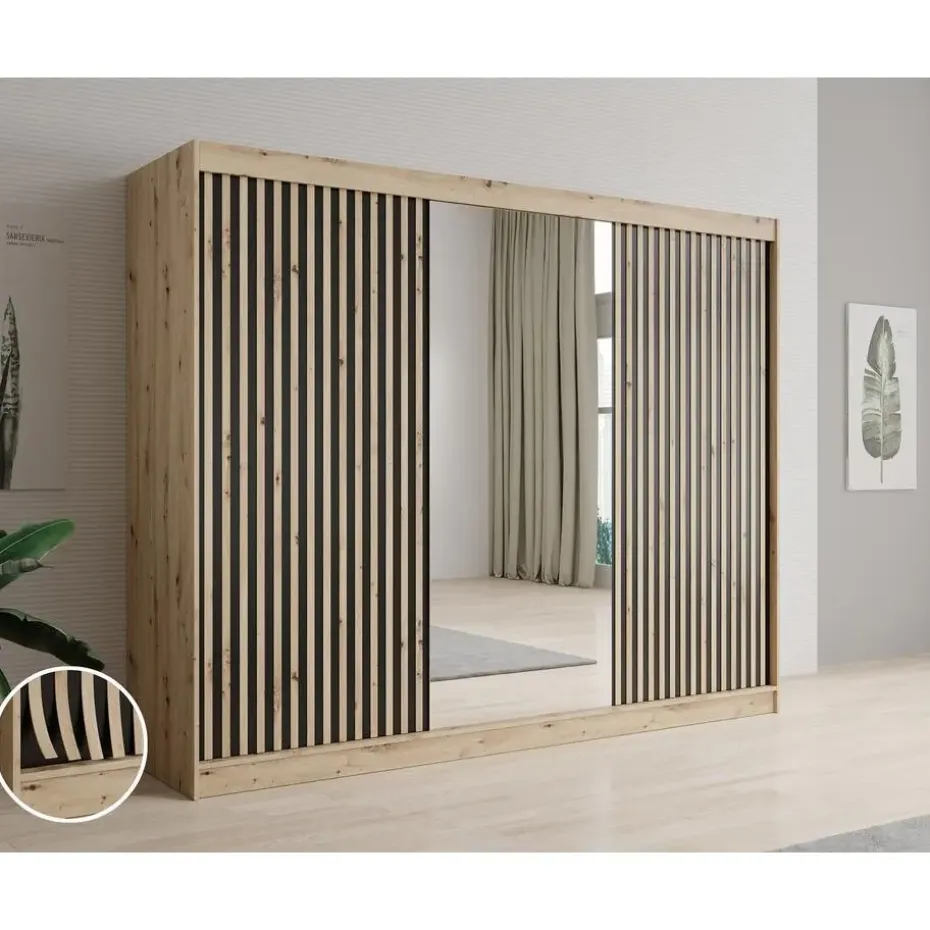 Meubella - Kledingkast Lisbon 2 - Eiken - 250 cm - Met spiegel