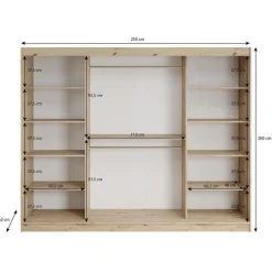 Meubella - Kledingkast Lisbon 2 - Eiken - 250 cm - Met spiegel