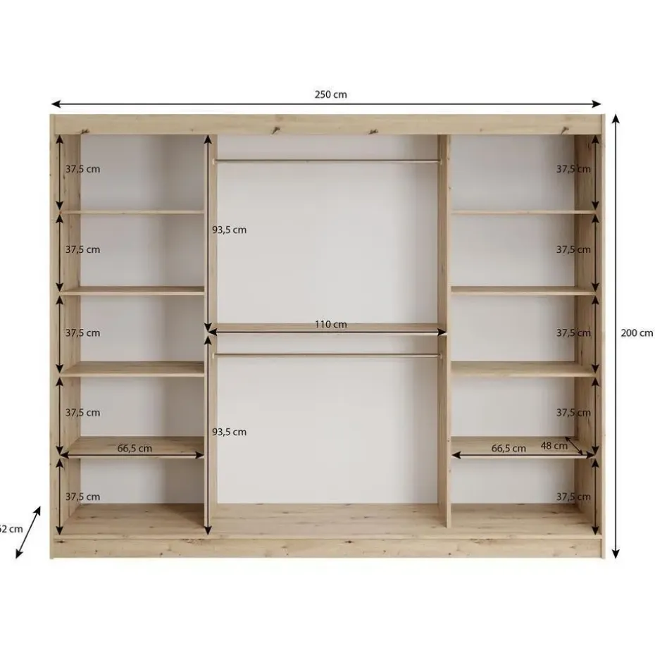 Meubella - Kledingkast Lisbon 2 - Eiken - 250 cm - Met spiegel