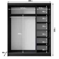 Meubella - Kledingkast Macerata - Zwart - 180 cm - Met spiegel