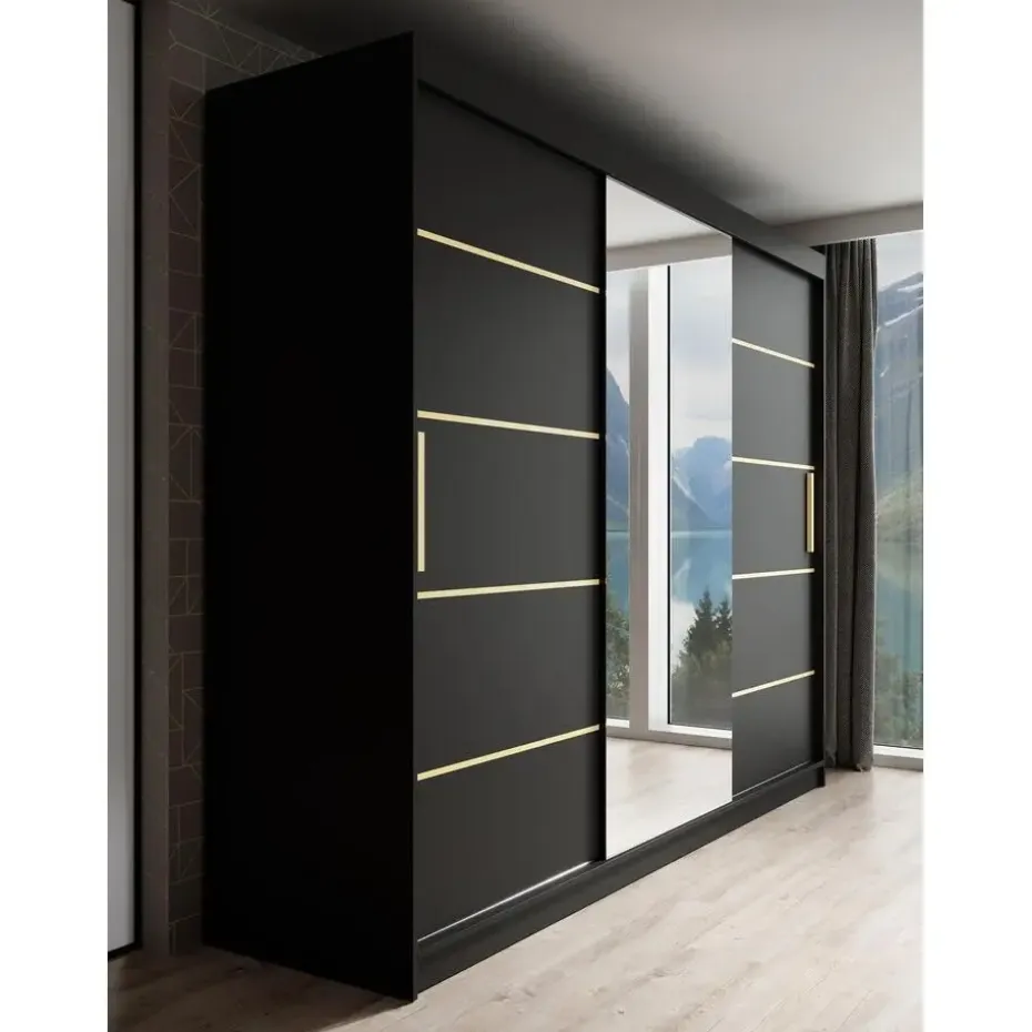 Meubella - Kledingkast Malavi 2 - Zwart - 250 cm - Met spiegel