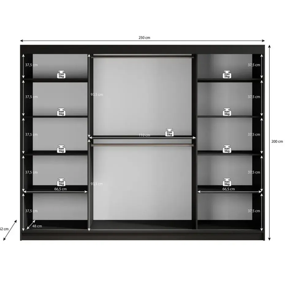 Meubella - Kledingkast Malavi 2 - Zwart - 250 cm - Met spiegel