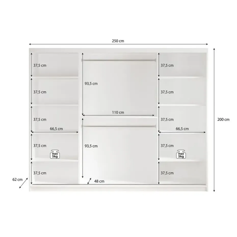 Meubella - Kledingkast Marmer 2 - Wit - 250 cm - Met spiegel