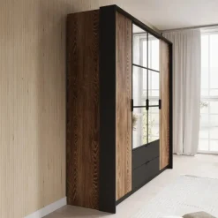 Meubella - Kledingkast Mulvey - Eiken - Antraciet - 220 cm - Met spiegel