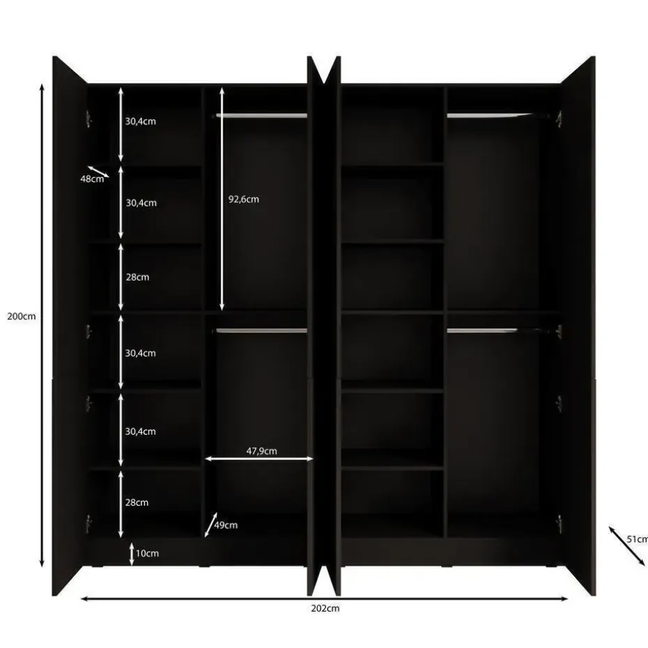 Meubella - Kledingkast Shelton - Zwart 1 - 202 cm - Met glas