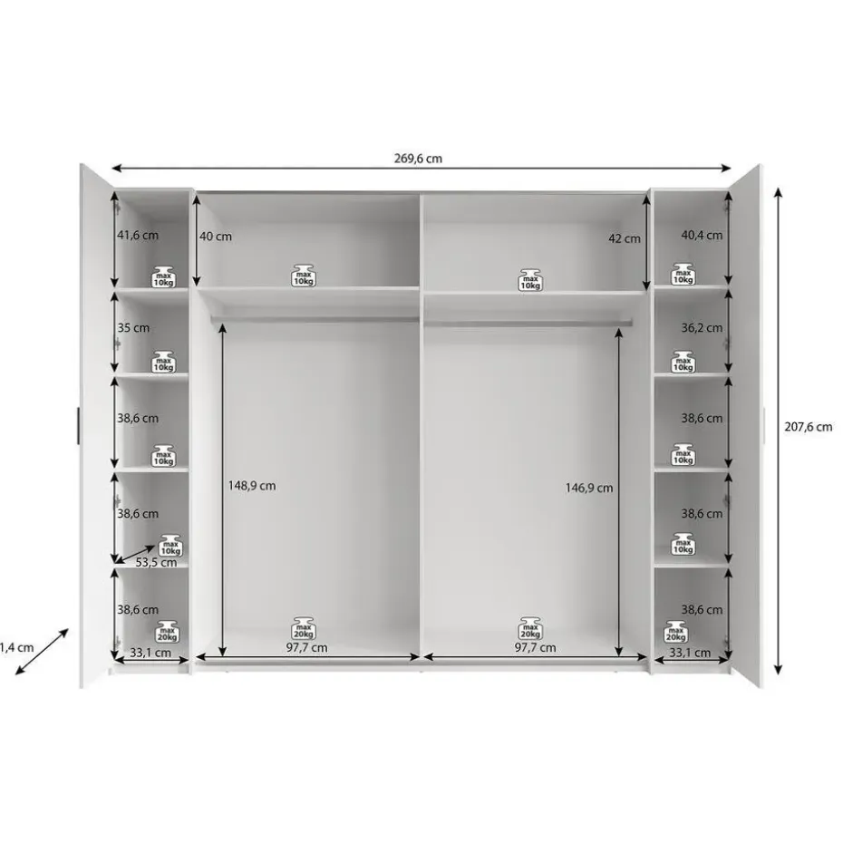 Meubella - Kledingkast Stoke - Wit - 270 cm - Met spiegel