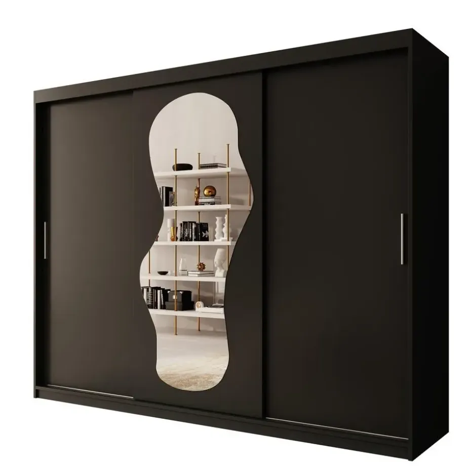 Meubella - Kledingkast Ulysses - Zwart - 250 cm - Met spiegel