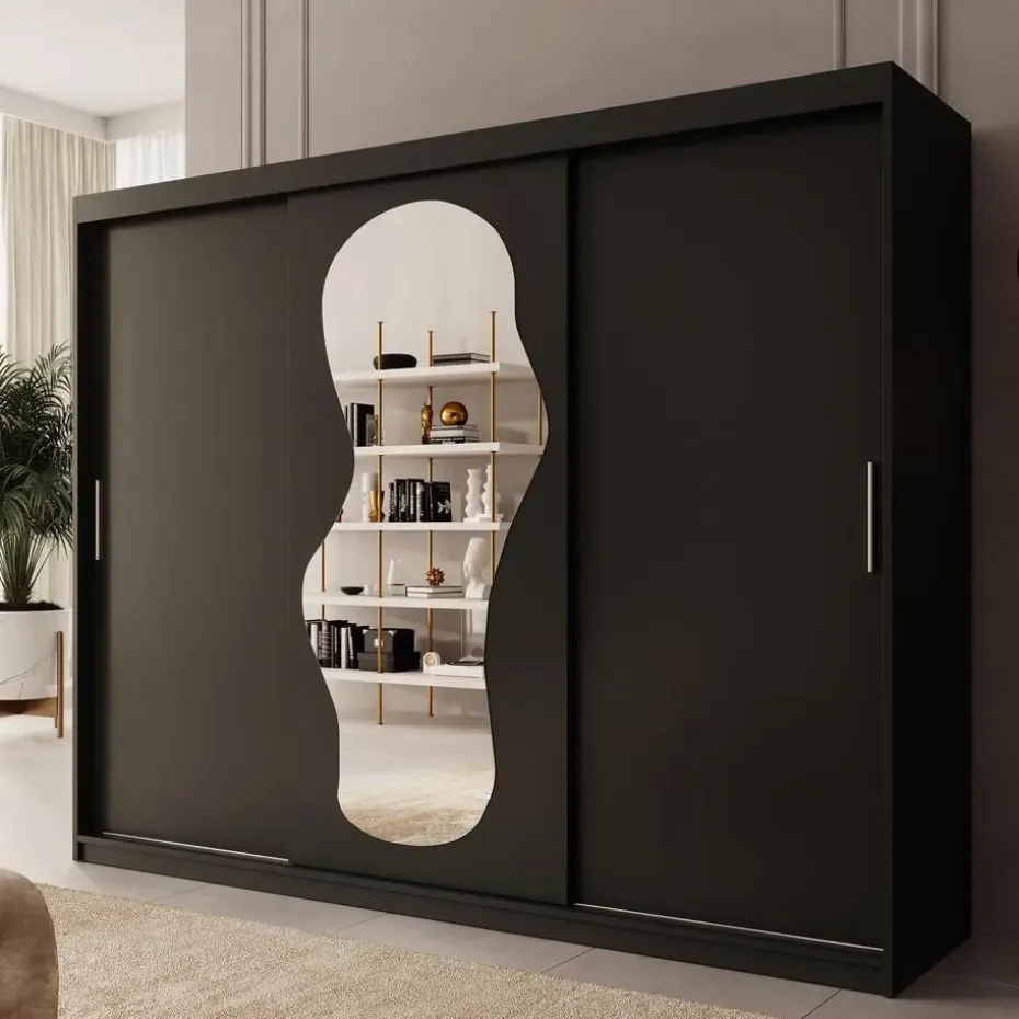 Meubella - Kledingkast Ulysses - Zwart - 250 cm - Met spiegel
